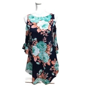 NWOT. Dress- Navy/Green/Orange Cold Shoulder size M